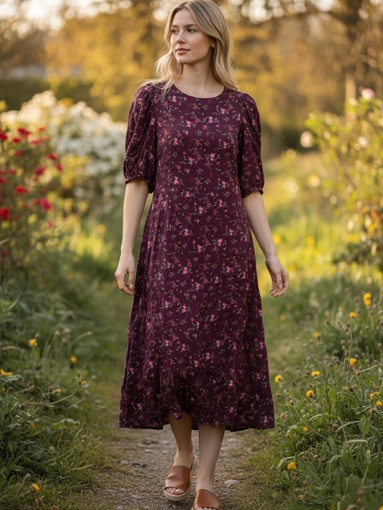 Old Navy Dresses & Skirts - Old Navy Plum Floral Puff-Sleeve Midi Dress
